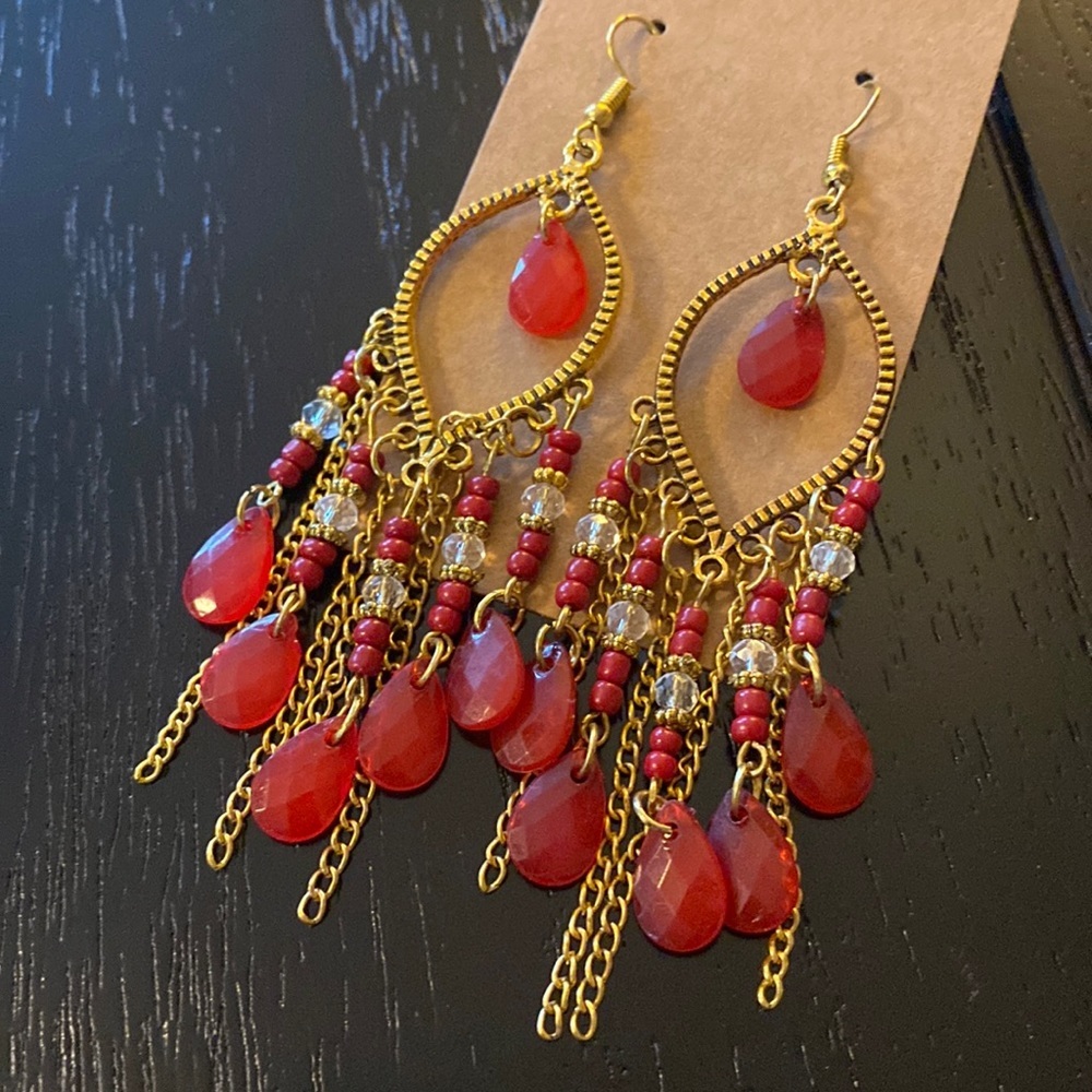 Bohemian red chandelier style earrings-NWT